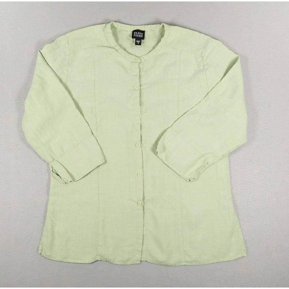 Eileen Fisher Womens Small Light Green 100% Linen Mandarin Collar Button Up Top